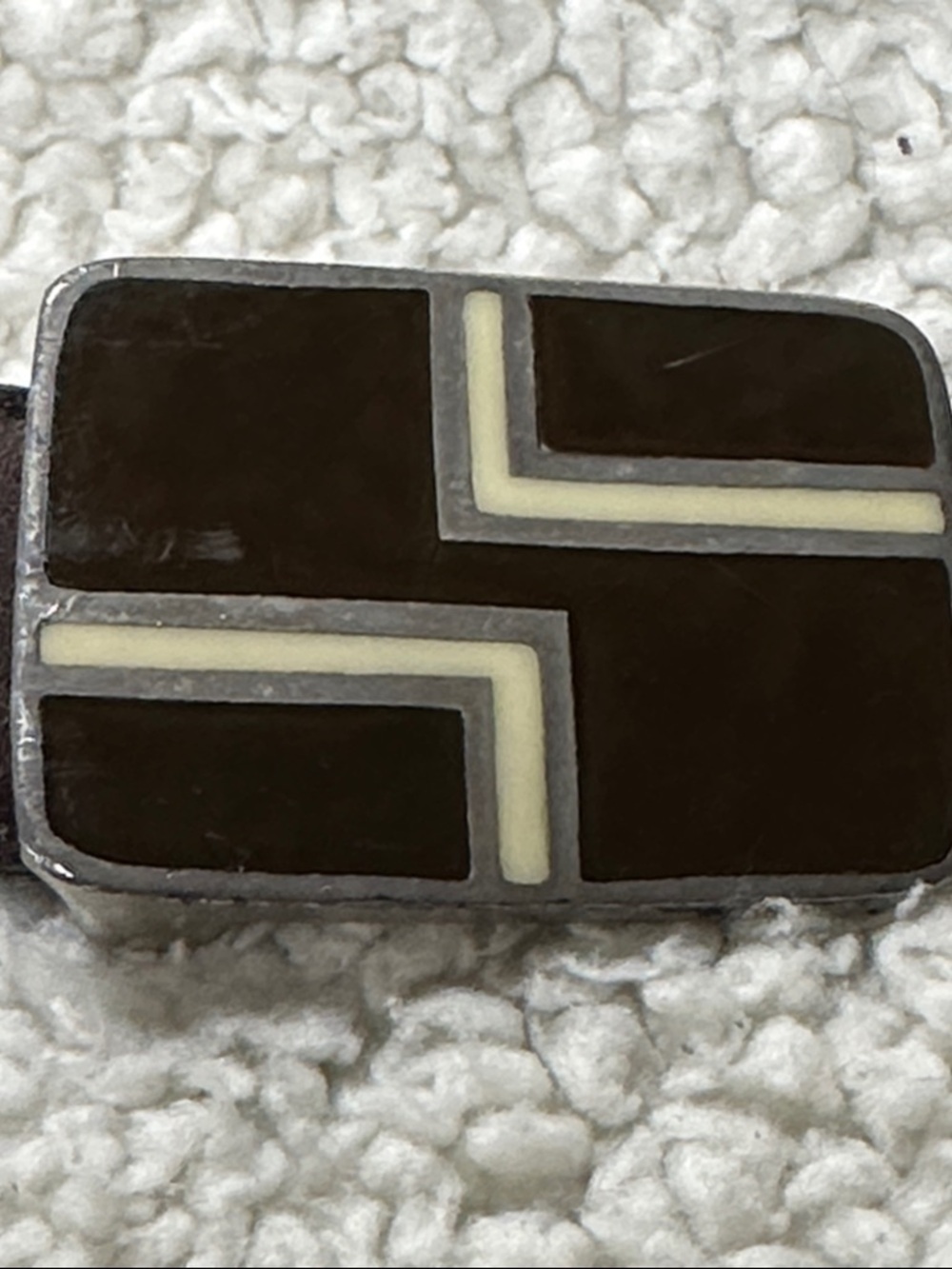 Slim Brown Belt with Geometric Inlay in Silver Tone Buckle